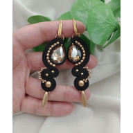 Kolczyki soutache czarne złote, czarne klipsy, długie kolczyki sutasz