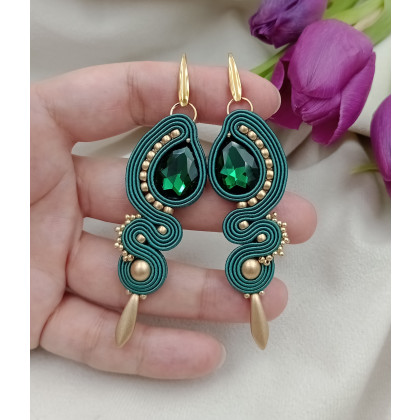 Kolczyki soutache Emerald, butelkowe zielone klipsy, szmaragdowe kolczyki sutasz, Soutacheria, kolczyki