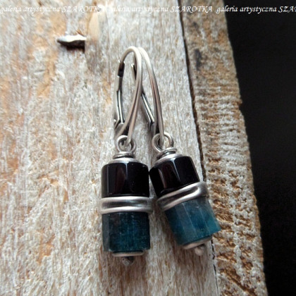 BLUE-BLACK kolczyki z apatytu, onyksu i srebra, szarotka, kolczyki
