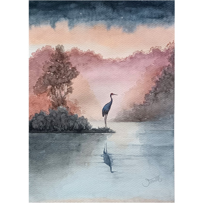 Czas żurawia o świcie, Akwarela 23x32 cm, Joanna Tomczyk, obrazy akwarela