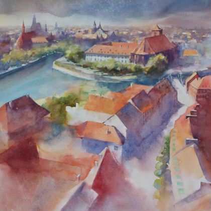Wrocław z góry - panorama miasta II, Witold Zieliński, obrazy akwarela