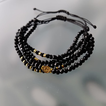 unikatart - korale,naszyjniki - Bransoletka Na Czarnym Sznurku Czerń i Złoto Hematyt foto #1