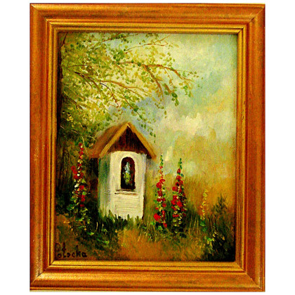 Kapliczka przydrożna malwy obraz olejny, Grażyna Potocka, obrazy olejne