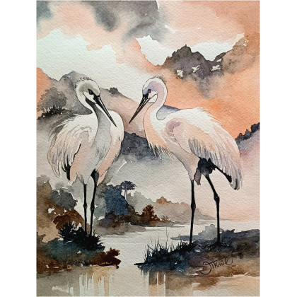 Spotkanie w ciszy jeziora, Akwarela 24x32 cm, Joanna Tomczyk, obrazy akwarela