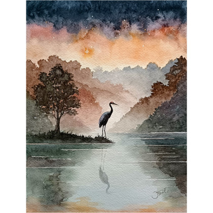 O zmierzchu nad stawem, Akwarela 24x32 cm, Joanna Tomczyk, obrazy akwarela