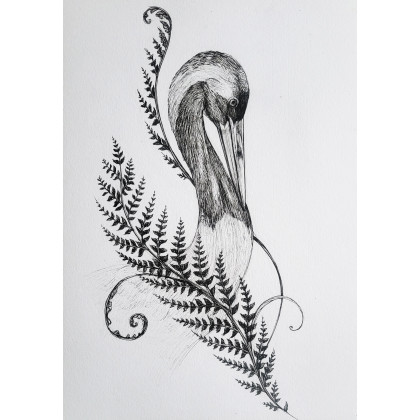 Jessica Popko - rysunek tuszem - Rysunek tuszem Żuraw w paprociach foto #1