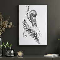 RYSUNEK TUSZEM ŻURAW W PAPROCIACH