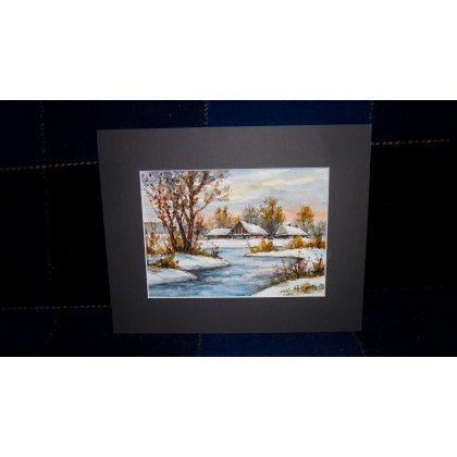 Danuta Rydygier - obrazy akwarela - Pejzaż zimowy z chatką foto #1