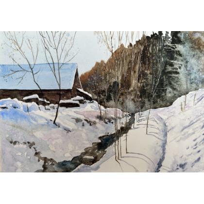 Zimowo (30x40 cm), Krystyna Nowak, obrazy akwarela