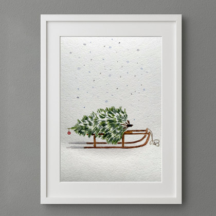 Akwarela A5: Kartka świąteczna - Choinka, Yunona Kucherevska, obrazy akwarela