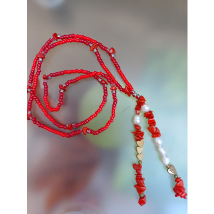 Naszyjnik Czerwone Korale Długie Koralowiec Perły I Hematyt 25.153, unikatart, korale,naszyjniki
