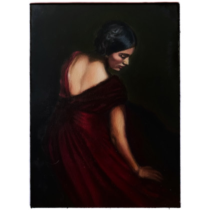 Kobieta w bordowej sukni, paweln, obrazy olejne