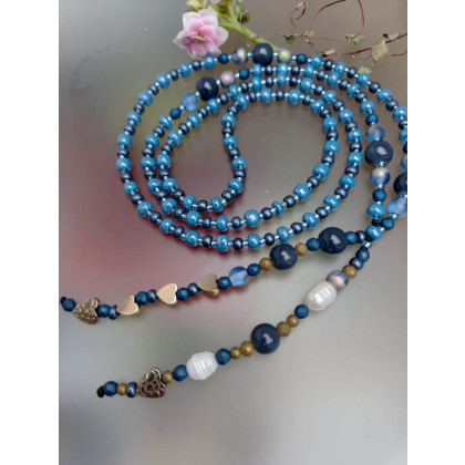 Naszyjnik Niebieskie Korale Długie Perły I Hematyt 25.158, unikatart, korale,naszyjniki