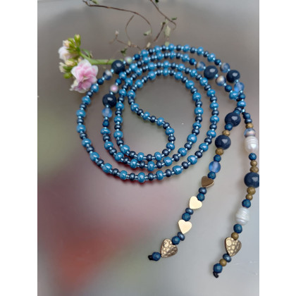 unikatart - korale,naszyjniki - Naszyjnik Niebieskie Korale Długie Perły I Hematyt 25.158 foto #3