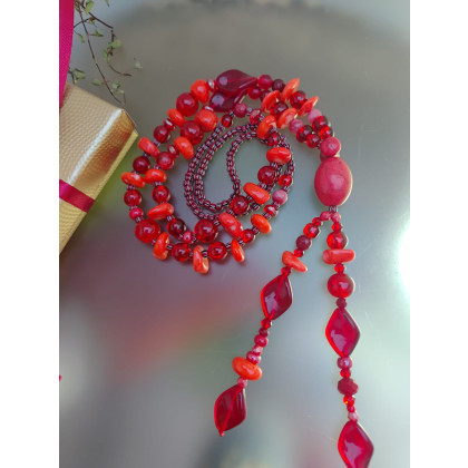 unikatart - korale,naszyjniki - Naszyjnik Czerwone Korale Długie Koral Koralowiec Perły foto #1