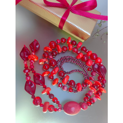 unikatart - korale,naszyjniki - Naszyjnik Czerwone Korale Długie Koral Koralowiec Perły foto #2