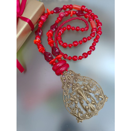 Naszyjnik Czerwony Vintage Z Zawieszka Dużą Wisior Floral 25.160, unikatart, korale,naszyjniki