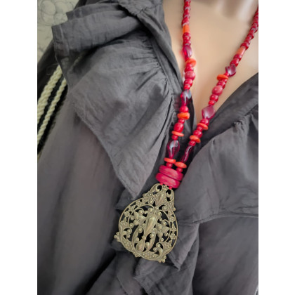 unikatart - korale,naszyjniki - Naszyjnik Czerwony Vintage Z Zawieszka Dużą Wisior Floral 25.160 foto #1