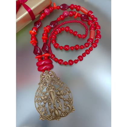 unikatart - korale,naszyjniki - Naszyjnik Czerwony Vintage Z Zawieszka Dużą Wisior Floral 25.160 foto #2