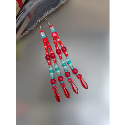 Kolczyki Czerwono Turkusowe Długie 25.48, unikatart, kolczyki