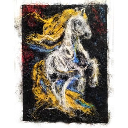 Koń w Ruchu – Obraz z Włókien, Mocne Kontrasty, Rękodzieło 100x70, Grzegorz Zalewski, tkanina