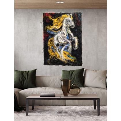 Grzegorz Zalewski - tkanina - Koń w Ruchu – Obraz z Włókien, Mocne Kontrasty, Rękodzieło 100x70 foto #4