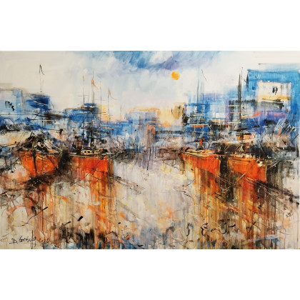 Błękitny port.., Dariusz Grajek, olej + akryl