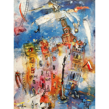 Anielica nad miastem..., Dariusz Grajek, olej + akryl