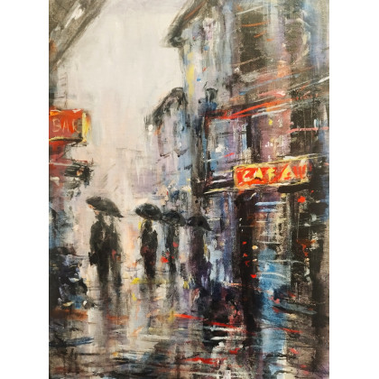 Uliczka w deszczu..., Dariusz Grajek, olej + akryl