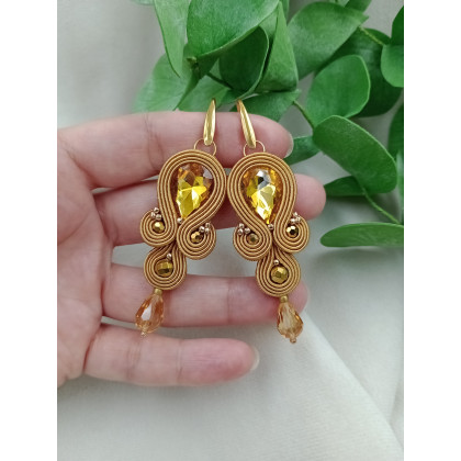 Soutacheria - kolczyki - Miodowe złote kolczyki klipsy, kryształowe musztardowe kolczyki foto #1