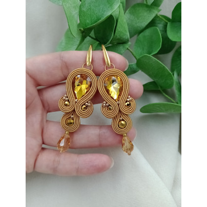 Soutacheria - kolczyki - Miodowe złote kolczyki klipsy, kryształowe musztardowe kolczyki foto #2