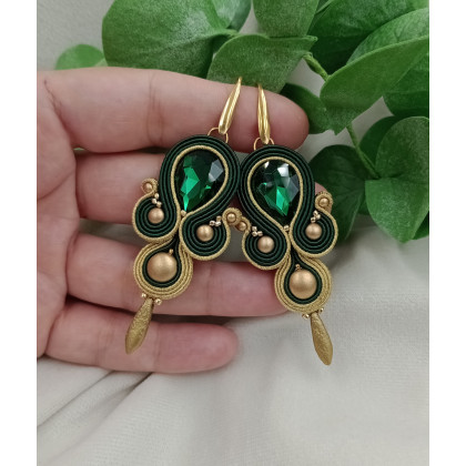 Kolczyki zielone butelkowe szmaragdowe złote soutache sutasz, Soutacheria, kolczyki