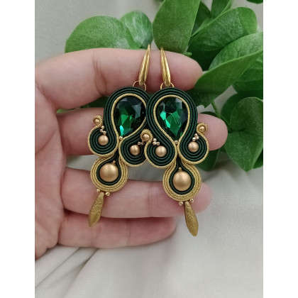 Soutacheria - kolczyki - Kolczyki zielone butelkowe szmaragdowe złote soutache sutasz foto #1