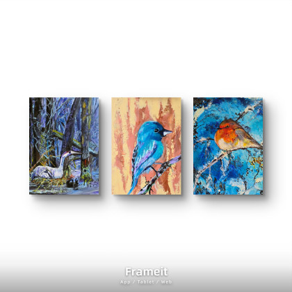 Ptaszarnia kompozycja na plotnie, Ewa Mościszko, obrazy akryl