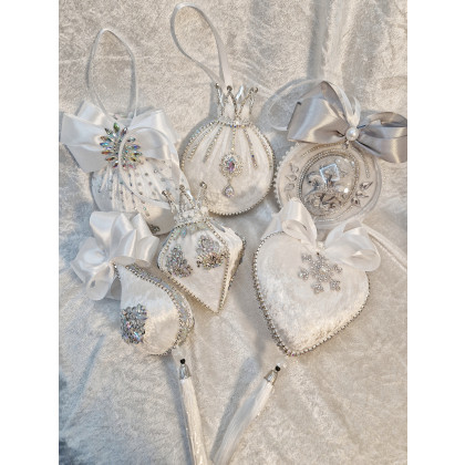 Biały zestaw 5 ozdób świątecznych glam christmas, Sandra Sójka, dekory wiszące