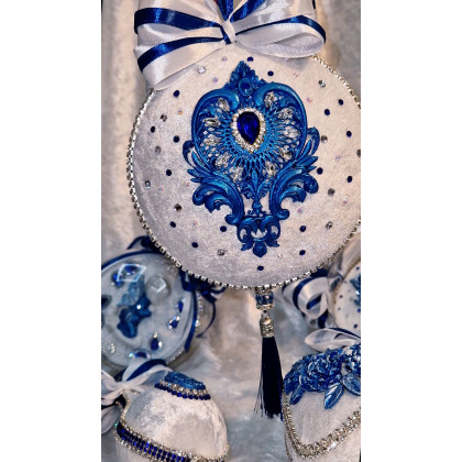 Sandra Sójka - dekory wiszące - Zimowa kraina dwie zawieszki ozdoby świąteczne w kolorze bieli i granatu foto #1