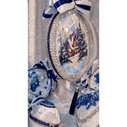 Sandra Sójka - dekory wiszące - Zimowa kraina dwie zawieszki ozdoby świąteczne w kolorze bieli i granatu foto #4