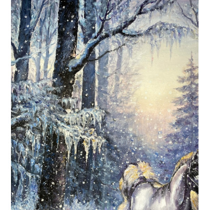 Myroslava Burlaka - obrazy olejne - Para koni o świcie w zimowym lesie. foto #1