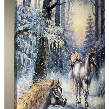 Myroslava Burlaka - obrazy olejne - Para koni o świcie w zimowym lesie. foto #3