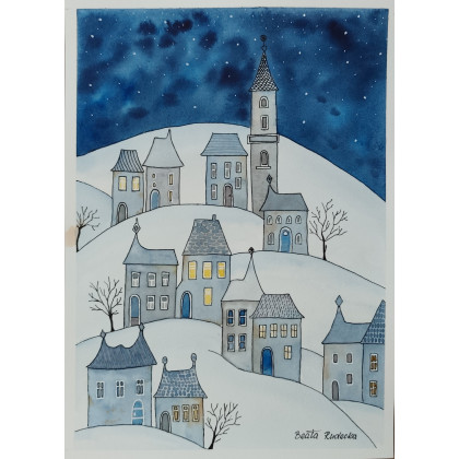 Beata Rudecka - obrazy akwarela - Akwarela Akwarelka Obraz pt: Bajkowa Kraina Nocą foto #2