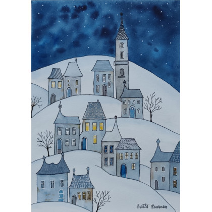 Beata Rudecka - obrazy akwarela - Akwarela Akwarelka Obraz pt: Bajkowa Kraina Nocą foto #3