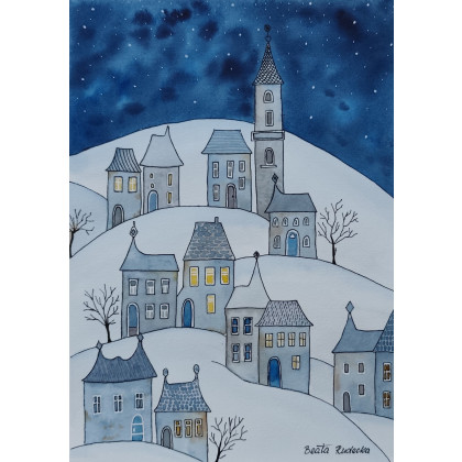 Beata Rudecka - obrazy akwarela - Akwarela Akwarelka Obraz pt: Bajkowa Kraina Nocą foto #4