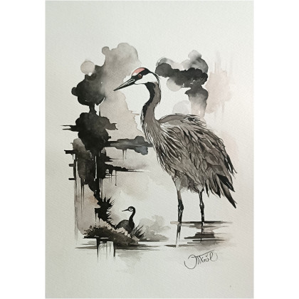 Czułość żurawia, Akwarela 24 x 32 cm, Joanna Tomczyk, obrazy akwarela