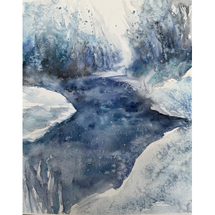 Zimowy strumyk (30x40 cm), Krystyna Nowak, obrazy akwarela