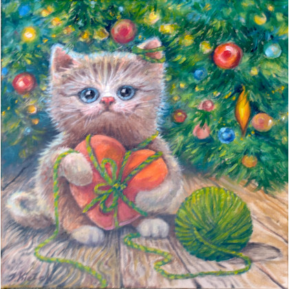 KOCIA MIŁOŚĆ - Świąteczny kotek z serduszkiem, Izabela Krzyszkowska , obrazy olejne