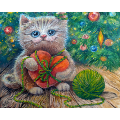 Izabela Krzyszkowska - obrazy olejne - KOCIA MIŁOŚĆ - Świąteczny kotek z serduszkiem foto #2