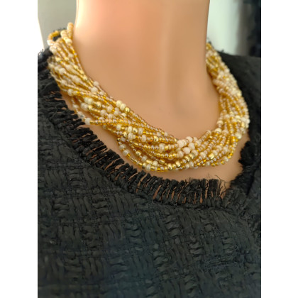 Naszyjnik Perłowe Złote Szklane Korale 25.171, unikatart, korale,naszyjniki