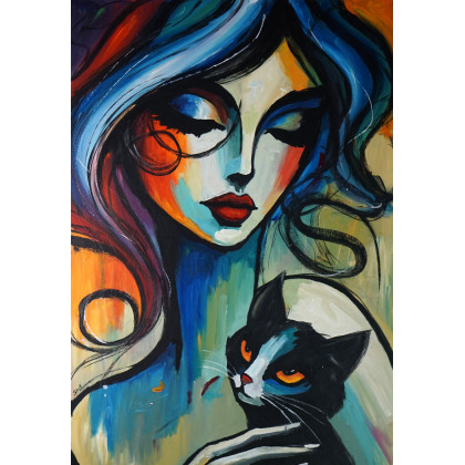 The Girl and Black Cat 70x100, Rafal Stach, obrazy akryl