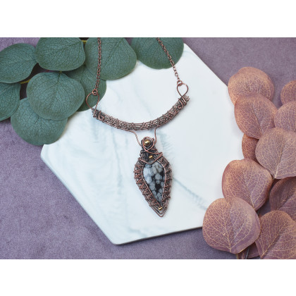 Witchcraft Apparel - korale,naszyjniki - Miedziany naszyjnik wire wrapping z obsydianem śnieżnym #492 foto #1