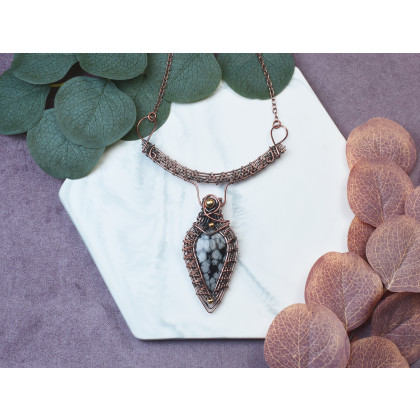 Witchcraft Apparel - korale,naszyjniki - Miedziany naszyjnik wire wrapping z obsydianem śnieżnym #492 foto #2